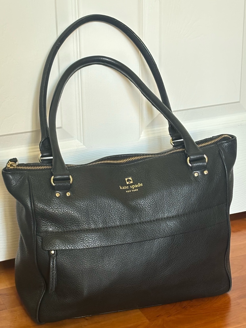 kate spade Black Leather Double-Handle Shoulder Tote with Gold Logo